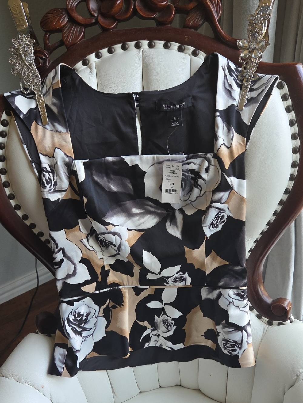 White House Black Market Black Floral Dress Top with Cream and Tan Blooms